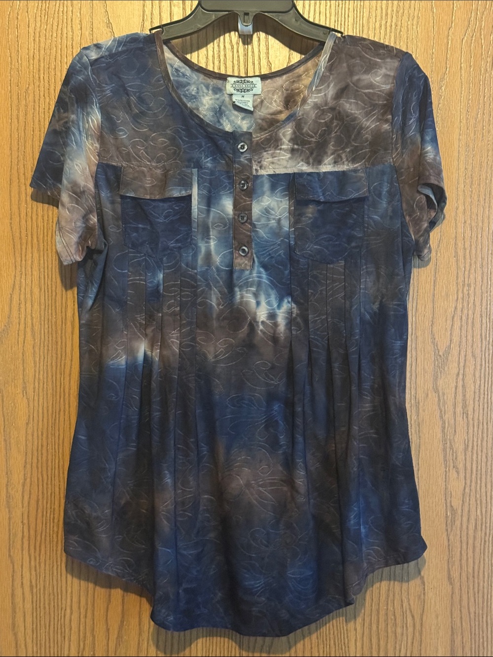 Sienna Grace Blue & Brown Tie-Dye Pleated Henley Short Sleeve Top